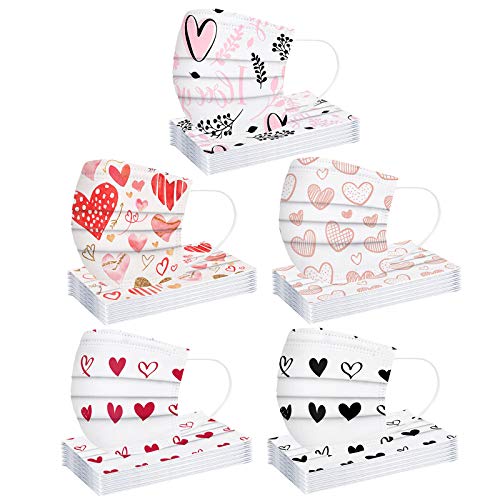 50Pcs Valentines Love Heart Màsk disposable for Adult Holiday facemasks 3Ply Cute Colored Covering Universal Face Protection