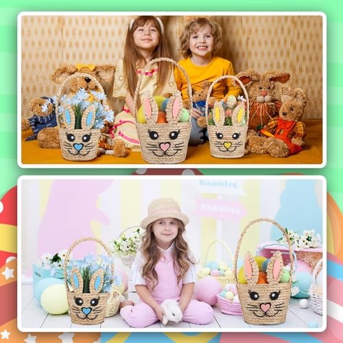 Image of SiliFine 3 Pack Easter Bunny Basket Decor Easter Woven Natural Straw Rabbit Basket with Handle Wicker Bunny Picnic Baskets Table Decor Cute Egg Hunt Baskets for Spring Party Supplies Gifts, 3 Sizes