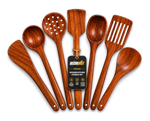 Decordust Wooden Kitchen Cooking Spoons Set of 7 for Cooking, Serving Includes Wooden Spoons, Serving Spoon, Wooden Spatula Set, Wooden Utensil Cooking Kitchen Sets