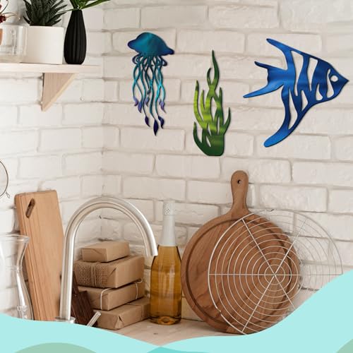 Zonon JAX-ZONON-1364 Set Of 3 Metal Ocean Beach Wall Decor Colorful Coastal Themed Decor Metal Fish Seaweed Jellyfish Beach Wall Hanging Seaside Nautical Home Decor thumb #4