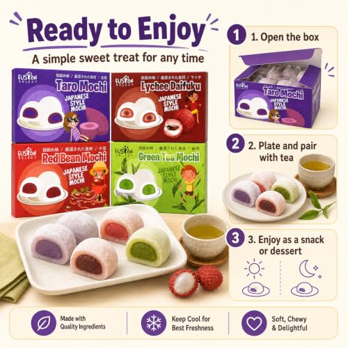 Fusion Select Assorted Japanese Style Mochi Variety Pack, 4 Flavors | Taro, Lychee Daifuku, Red Bean & Green Tea, Soft Chewy Filled Mochi - image 5