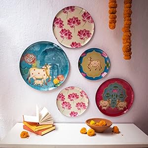 RITUALISTIC Pastel Pichwai Iron Wall Plates- Set of 5 (Multicolor) | Wall Arts for Home Decoration, Living Room, Bedroom, Office Decor | Aesthetic Room Decor Items | Wall Hanging Showpiece