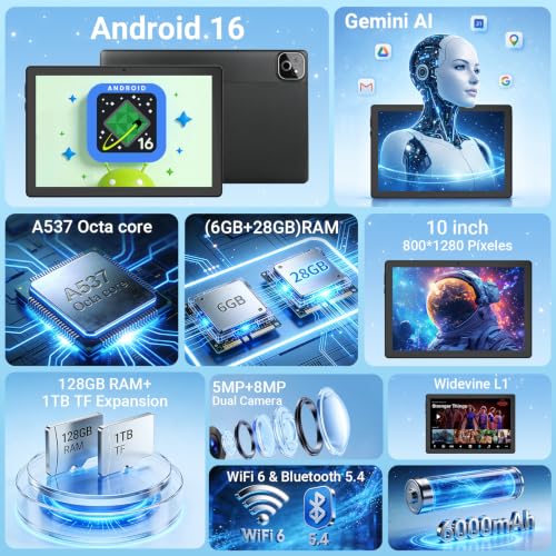 Image of 2 in 1 Android 16 Tablet with Keyboard Mouse Stylus Case, 34GB RAM 128GB 1TB Expand, Octa-Core Processor, 6000Ah Battery, HD Screen Widevine L1, Dual Cameras Face Unlock, WiFi 6 BT 5.4 Tablets Bundle