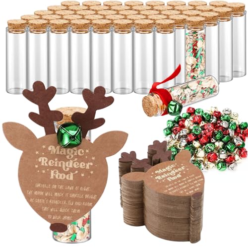Honeydak 100 Set Christmas Magical Reindeer Food Glass Jars Elk Shaped Paper Card Tags and Bells Velvet Rope Reindeer Food Kit Christmas Eve Gift for Holiday Xmas Party Supply Stocking Filler Present
