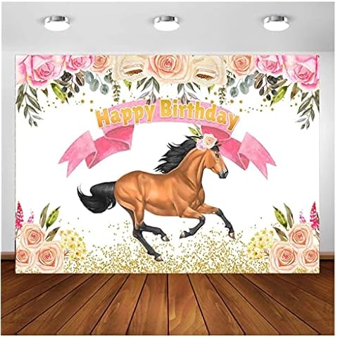 Happy Birthday Horse Pony Watercolor Flowers Golden Glitter Colorful Party Photo Backdrop Photography Background 7×5 feet vinyl backdrop Cover