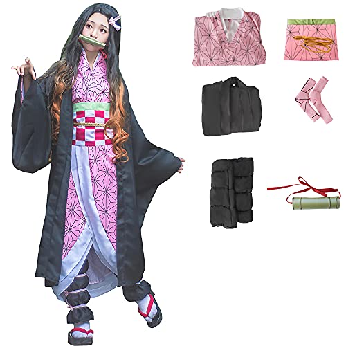 Cosplay Costume Kamado Kimono Cosplay Bamboo with Black Robe for Womens Girl Outfit (M, pink)