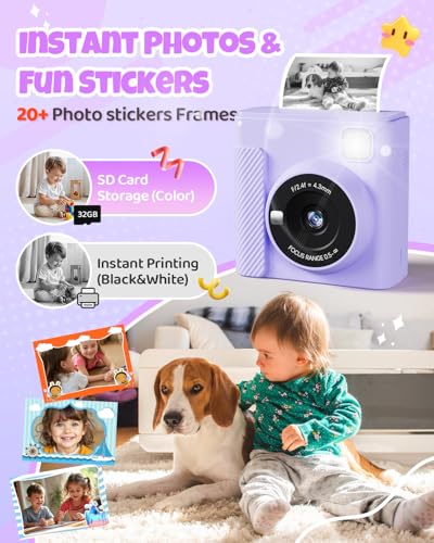 Image of TIATUA Kids Instant Print Camera, 1080P HD Video Digital Toy, Purple | Includes 32GB Card, 3 Rolls Paper & 5 Coloured Pens, Inkless Print, Christmas Birthday Toy Gift for Kids 3-14