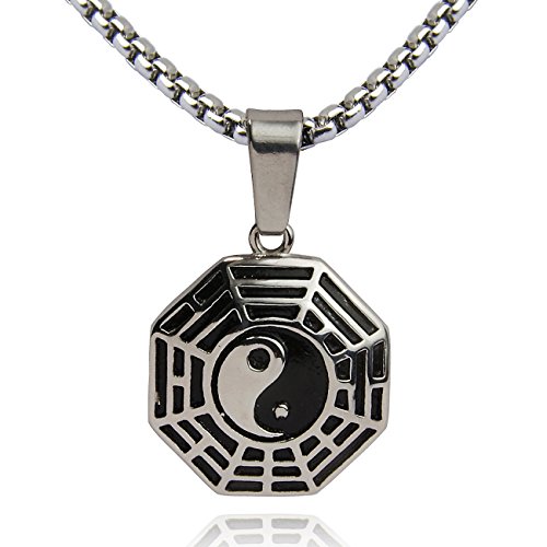 DonDon Collier Homme en Acier Inoxydable Pendentif Yin Yang et Pochette en Velours Noir