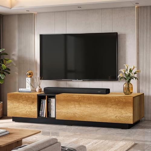 Image of ABOUT SPACE TV Unit - Engineered Wooden TV Stand Table Cabinet with Drop Down Doors & Split Open Compartment, Cable Hole for WiFi Router Stand for Living Room (CM Oak& Black-L190.5 x B40.5 x H43.5 cm)