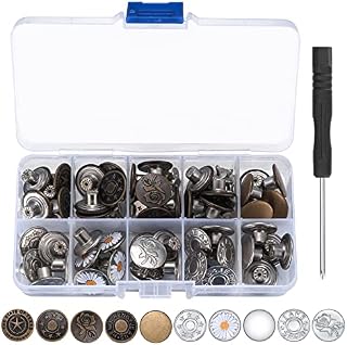 50 Pcs Button Pins for Jeans, 17mm Jean Buttons Metal Replacement, No Sew Jeans Buttons Pins, Adjustable Removable Instant Clips Snap Pins Buttons for Jeans Pants, with Screwdriver, 10 Styles