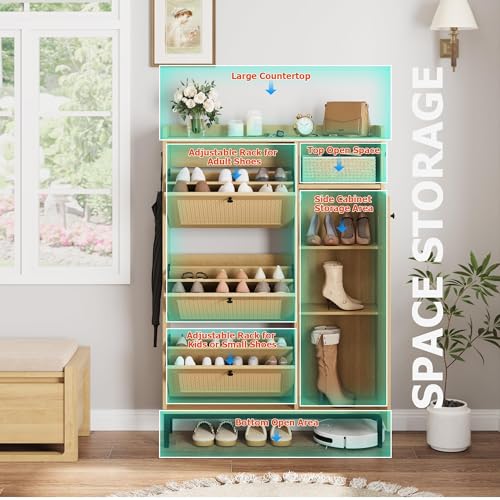 Image of Rattan Wooden Shoe Cabinet, Freestanding 3-Flip Drawer Shoe Storage Organizer, Side Cabinet & Top Fence, Easy Assembly Shoe Rack for Entryway Hallway Living Room, Natural