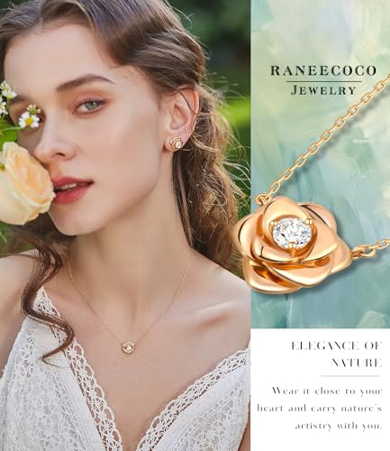 Rose Flower Necklace Gold Plated Sterling Silver Pendant Jewelry for Women, Hypoallergenic & Nickel Free2