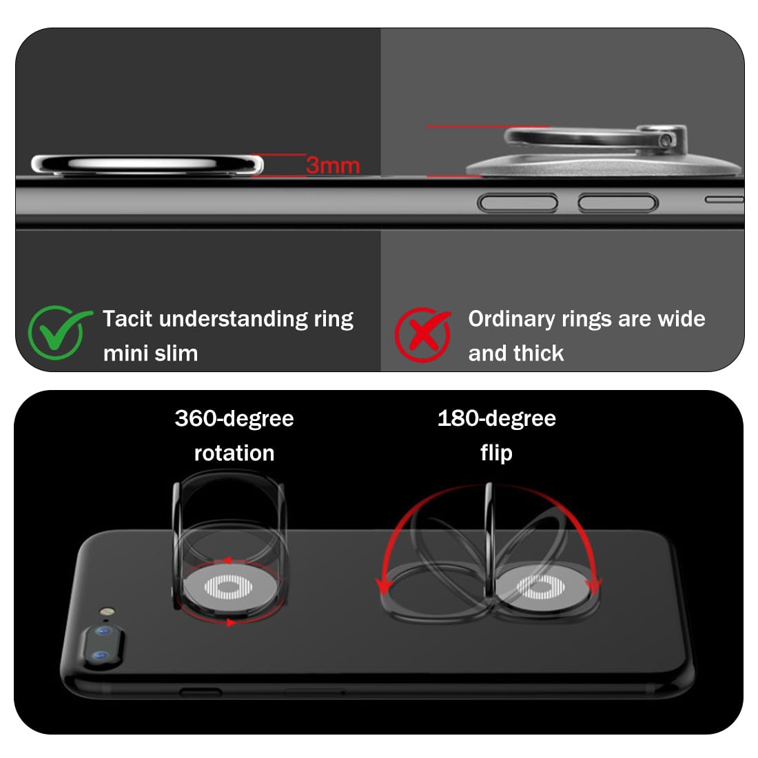 4 Pezzi Anello Cellulare con Anello in Metallo, Anello per Cellulare Dito 3mm Ultra Sottile, Anello Supporto Ring Cellulare, Ring Stand Holder per tutti i Smartphone