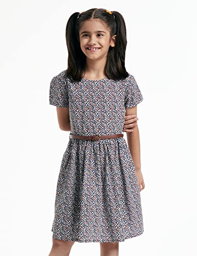 Image of Amazon Brand - Jam & Honey Girl's 100% Soft & Pure Cotton Comfortable and Stylish Printed Woven Dress with Short Sleeves and Belt - Perfect for Every Occasion