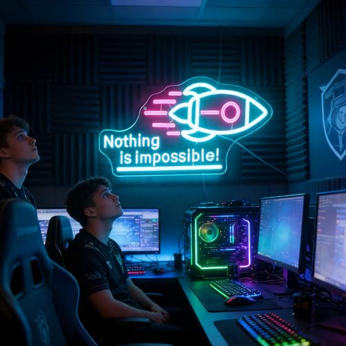 Image of inchNothing Is Impossible! inch Rocket Neon Light for Gaming Room Office - Motivational LED Wall Art, Dimmable USB Space-Themed Decor for Study Gym, Inspiring Gift for Gamers Teens Entrepreneurs