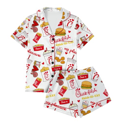 Chicken Nuggets Satin Pajamas Set for Women Y2k 2 Piece Short Sleeve Shirts Matching Pj Shorts Set Multi4