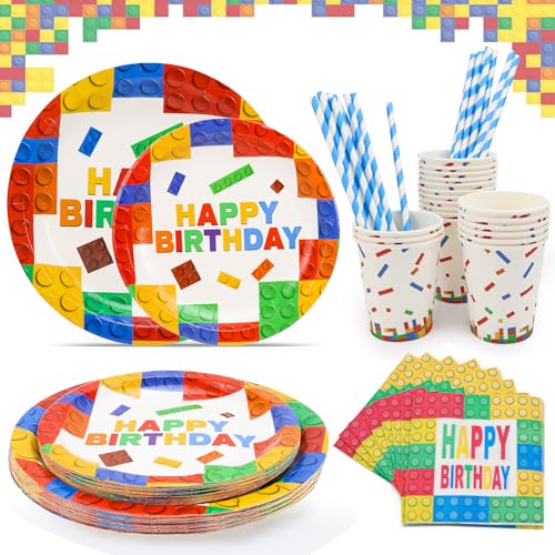 BINYI Vajilla de fiesta de ladrillo, plato de fiesta de cumpleaños, platos de papel, servilletas, juego para cumpleaños infantiles, fiestas, decoración de mesa, accesorios para 20 invitados