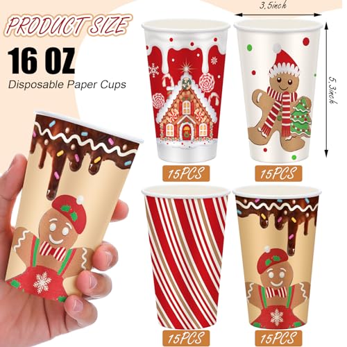 Gerrii 60 Pcs Christmas Paper Xmas Disposable coffee Cups 16oz for Drinking Tea Hot Cold Beverages, Santa Snowman Gingerbread Cups Christmas Decoration(Gingerbread Man) by Gerrii - Image 2