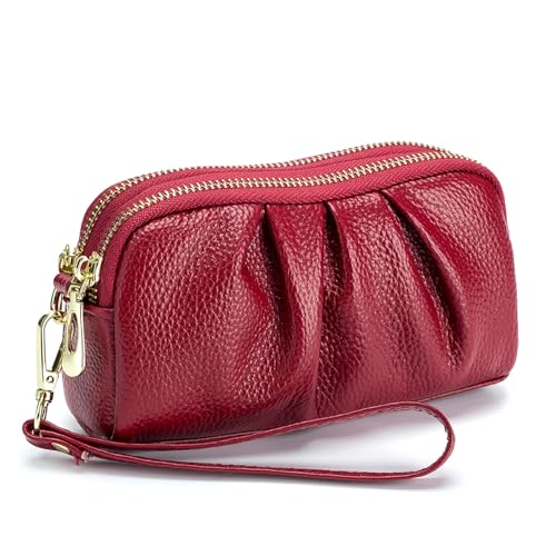 Carteira feminina grande capacidade com zíper duplo suporte para cartão feminino alça de couro bolsa longa, Vermelho B, Compact