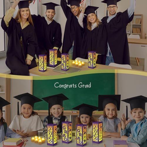 Image of Rossesay 12 Pcs Graduation Table Centerpieces Boxes Class of 2026 Graduation Lanterns for Centerpieces with LED Candles Congrats Grad School College Photo Props for Party Table Decoration (Purple)