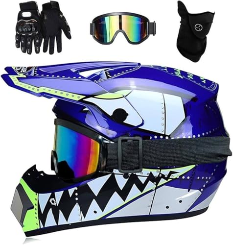 Unisexo Casco de Motocross Set, Adulto Cara Completa Fuera de La Carretera Moto Casco, Cuesta Abajo Enduro MTB ATV BMX Patio Bicicleta Sucia Chocar Casco(Blue,L(56~57cm))