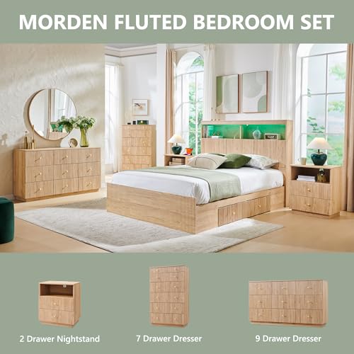 wow97e Fluted Night Stand with Charging Station, 21.65" Nightstand with Drawer/Open Shelves, 2 Drawer Dresser for Bedroom, Morden End Table Bedside Table for Bedroom, Living Room, Natural - Image 6