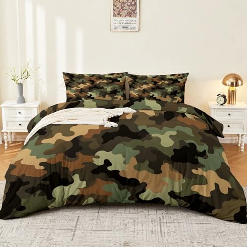 Parure de lit double microfibre douce vert olive camouflage 3 pièces - 2