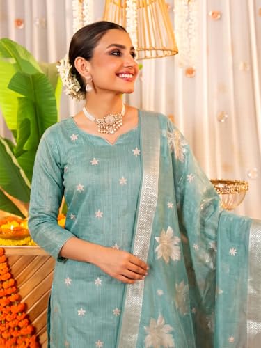 Image of Pinkmint Women Jacquard Silk Ethnic Kurta with Dupatta Suit for Women | Straight Fit Designer Wear with Woven Pattern & Tassel Dupatta | Availble in Plus Size