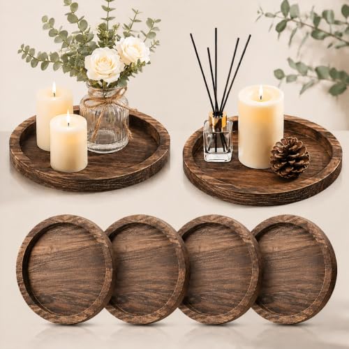 Sintuff 6 Pcs Candle Plate Holder Tray Wooden Round Decorative Pillar Candle Tray Vintage Table Centerpiece Decor for Farmhouse Home Kitchen Wedding Farmhouse(Brown)