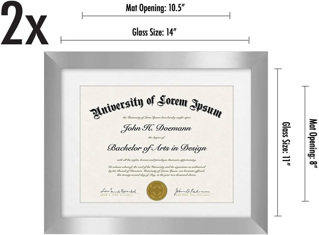 Americanflat 11x14 Diploma Frame with Shatter-Resistant Glass - Set of 2 - Use as 8.5x11 Frame with Mat or Display 11x14 Documents Without Mat - Certificate Frames with Engineered Wood - Silver