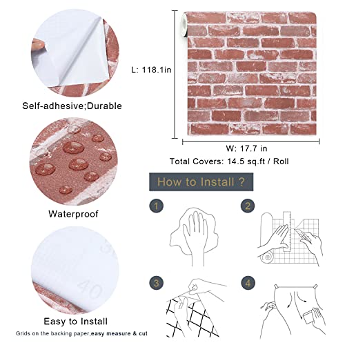Timeet Red Faux Brick Wallpaper Peel And Stick Wallpaper 17.7" X 118.11" Self Adhesive Wallpaper Stick On Wallpaper Christmas Fireplcae Decoration Easy To Install #TOP3