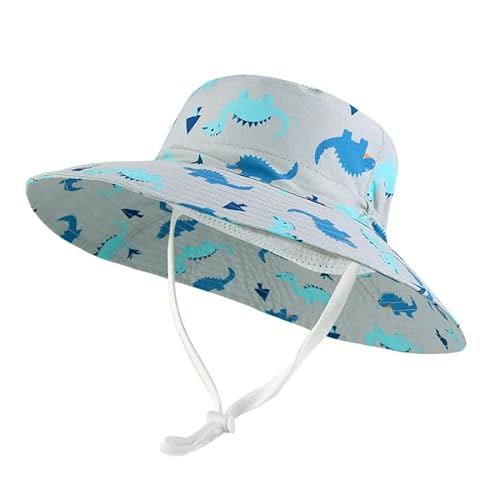 LANGZHEN Sun Protection Hat for Kids Toddler Boys Girls Wide Brim Summer Outdoor hat Cotton Baby Bucket Hat with Chin Strap(Gray Arrow Dinosaur)