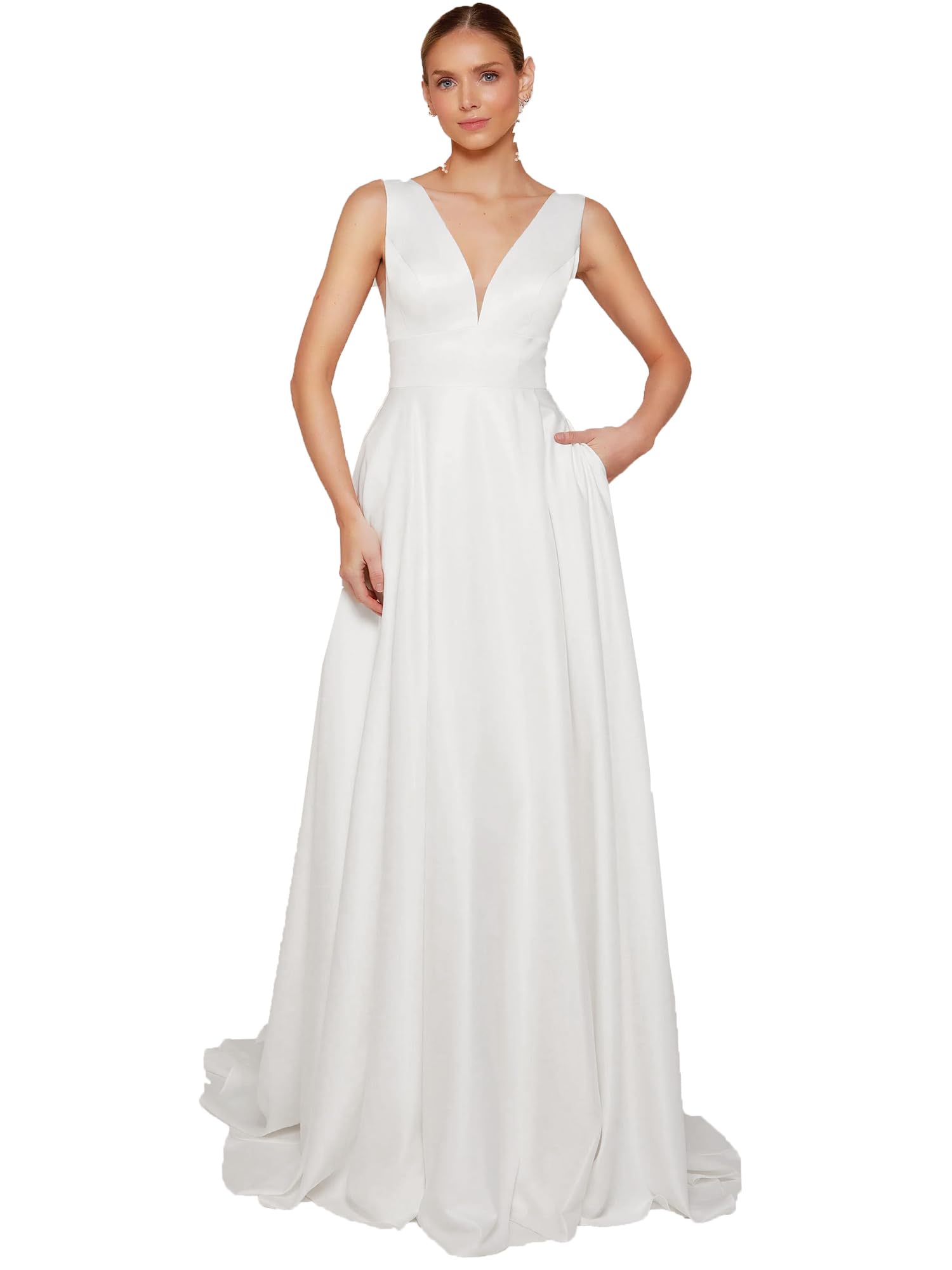 Abito da Sposa Abiti da Sposa Manica Lunga Scollatura a V Ufficio Civile Moda Sposa Abiti da Sposa, Bianco 17, 34