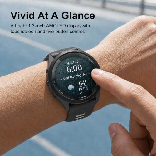 Garmin Forerunner 265 Running GPS Smartwatch, AMOLED Display, 46mm, Black/Powder Gray, 010-02810-00 - Bundle w/Deco Essentials Charging Dock, Dust Cover and USB-C Cable