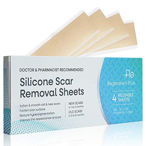 Regeneren Plus Silicone Scar Removal Sheets, Scar Prevention and Treatment, Double Thick Adhesive, Fast & Effective on C-section, Hypertrophic and Surgical Scars, Reusable and Washable, 4 Sheets.