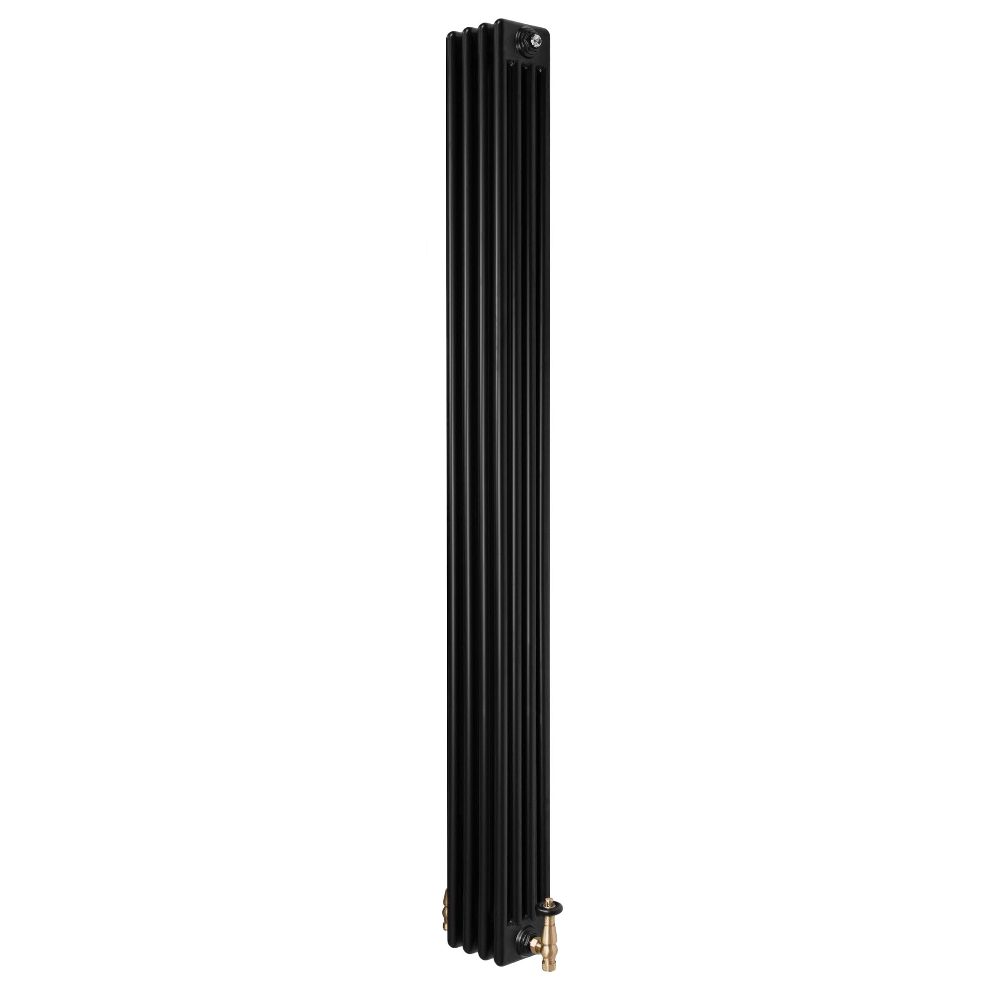 Traditional 4 Column Radiator 1800mm x 200mm & TRV Brass Valves Central Heating Heater Black Carbon Steel Horizontal Wall Mounted Kitchen Living Room Cleaning Brush Fixing Kit & Brackets
