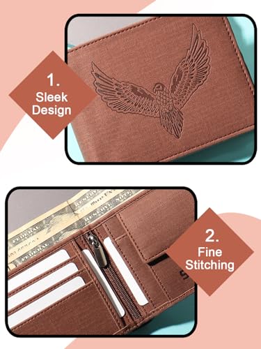 Image of SAMTROH Vegan Leather Wallet for Men | Vintage Printed | Premium Vegan Leather Craftsmanship | 3 Card Slots I 2 Cash Compartments & Secret Slots | 1 Coin Pocket. (Eagle, Brown)