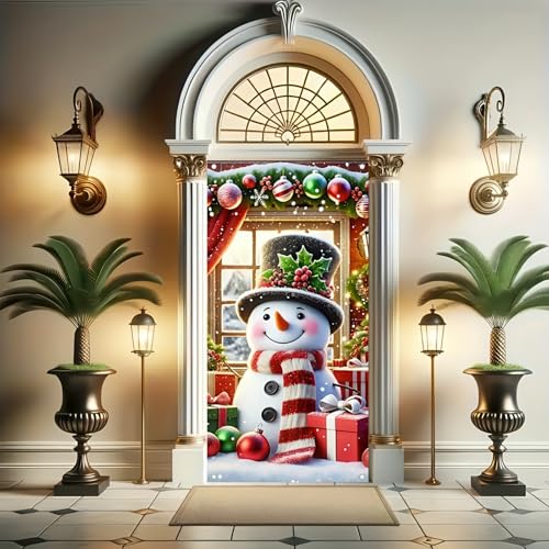 Image of BlissYard Christmas Door Cover 35x71 Inch Winter Snowman Door Banner Holiday Decoration Indoor Outdoor Christmas Backdrop Door Hanging for Porch Wall Home Party Seasonal Photo Background