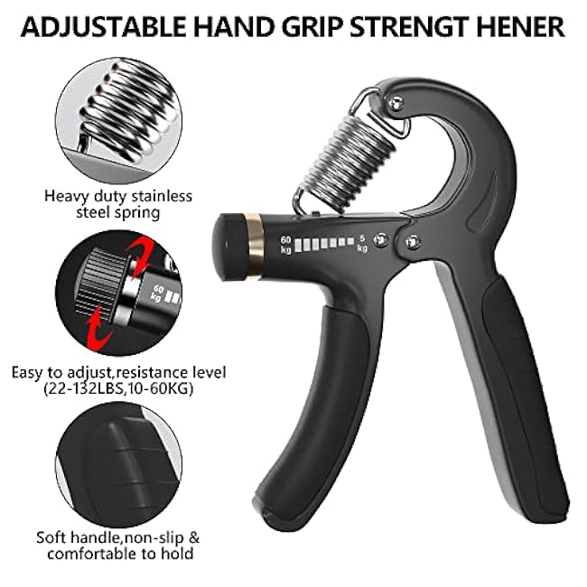 Hand Grip Strengthener Kit - Ultimate Hand Exerciser Set for Forearm Workout, Adjustable Grip Strength Trainer, Stress Relief Ball, Exercise Ring, Training and Recovery (Frosted Black)