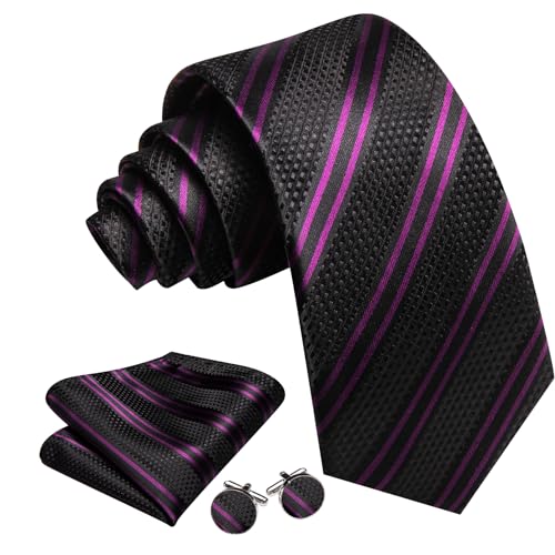 Image of Barry.Wang Man Stripe Ties Set Silk Woven Pocket Square Necktie Cufflinks Formal Party Business, Black Purple