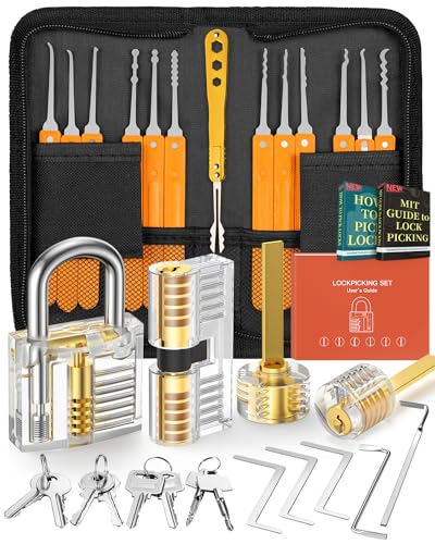 EVENTRONIC Lockpicking Set mit 32 Dietrich, 4 Transparenten Trainingsschlössern und Handbuch - Das perfekte Lock Pick Set für Anfänger und Profis, Orange