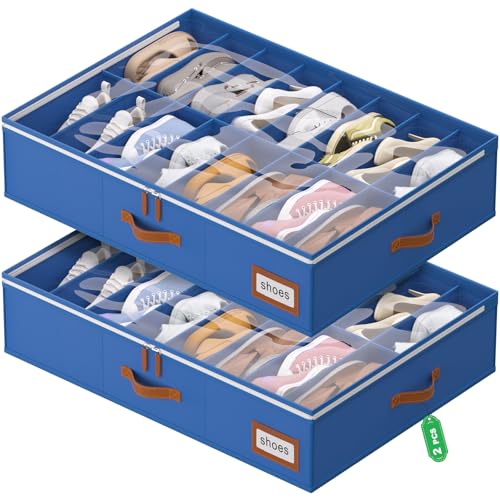 Image of homyfort Shoe Organizer Under Bed, Fits 32 Pairs, Under bed Shoe Storage Boxes with Study Handles and Clear Cover, zapateras organizer for shoes, set of 2