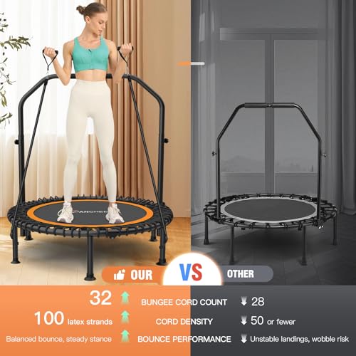 Image of ANCHEER 40 inch /48 inch Foldable Mini Trampoline,Max Load 450lbs /550lbs Indoor Trampoline,with 4 Level Adjustable Foam Handle and Resistance Bands,Adult Exercise Trampoline for Home, Garden, and Gym
