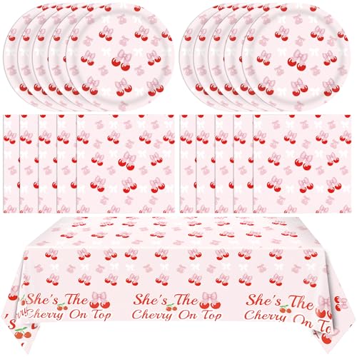 41Pcs Cherry Party Decorations,She's The Cherry On Top Theme Tableware,Cute Pink Bow Cherry Plates,Napkin,Tablecloth丨Girls Birthday Baby Shower Bachelorette Bridal Engagement Wedding Party Supplies