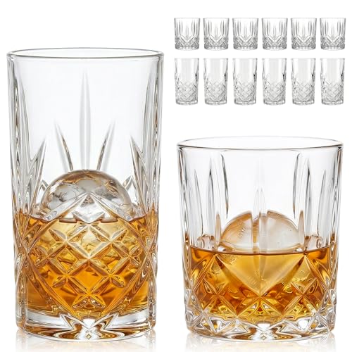 Moretoes Crystal Whisky Drinking Glasses Set of 12, Glass Cups, Mixed Glassware Set, 12 Oz Highball...