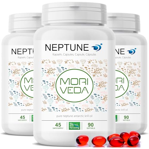 Moriveda NEPTUNE cápsulas de aceite de krill 3 x 90 softgels suministro para 135 días con omega-3 6 9 (EPA/DHA) antioxidantes vitamina E y colina certificado MSC y sostenible