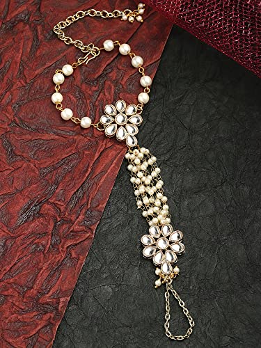 Image of Karatcart Gold Plated Baby Pink Pearl Chain Kundan Hathphool