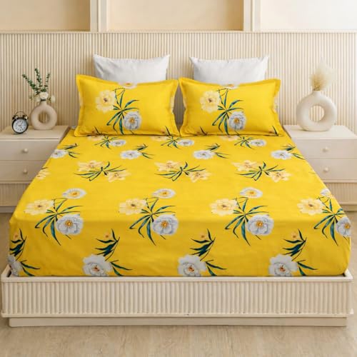 Image of 320 TC Cotton Feel Glace Cotton Printed Elastic Fitted King Size Double Bed Bedsheet with 2 Pillow Covers | Fitted Bedsheets King Size 78 x 60 x 8 (Yellow Floral)