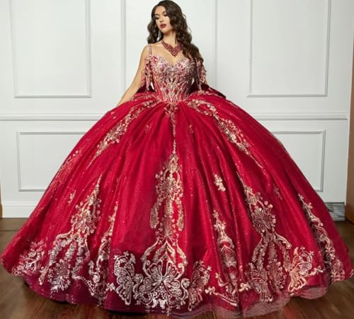 Gold Lace Quinceanera Dresses Ball Gown Glitter Tulle Off Shoulder XV Dress Appliques Puffy Sweet 15 16 Dress Bow Train4