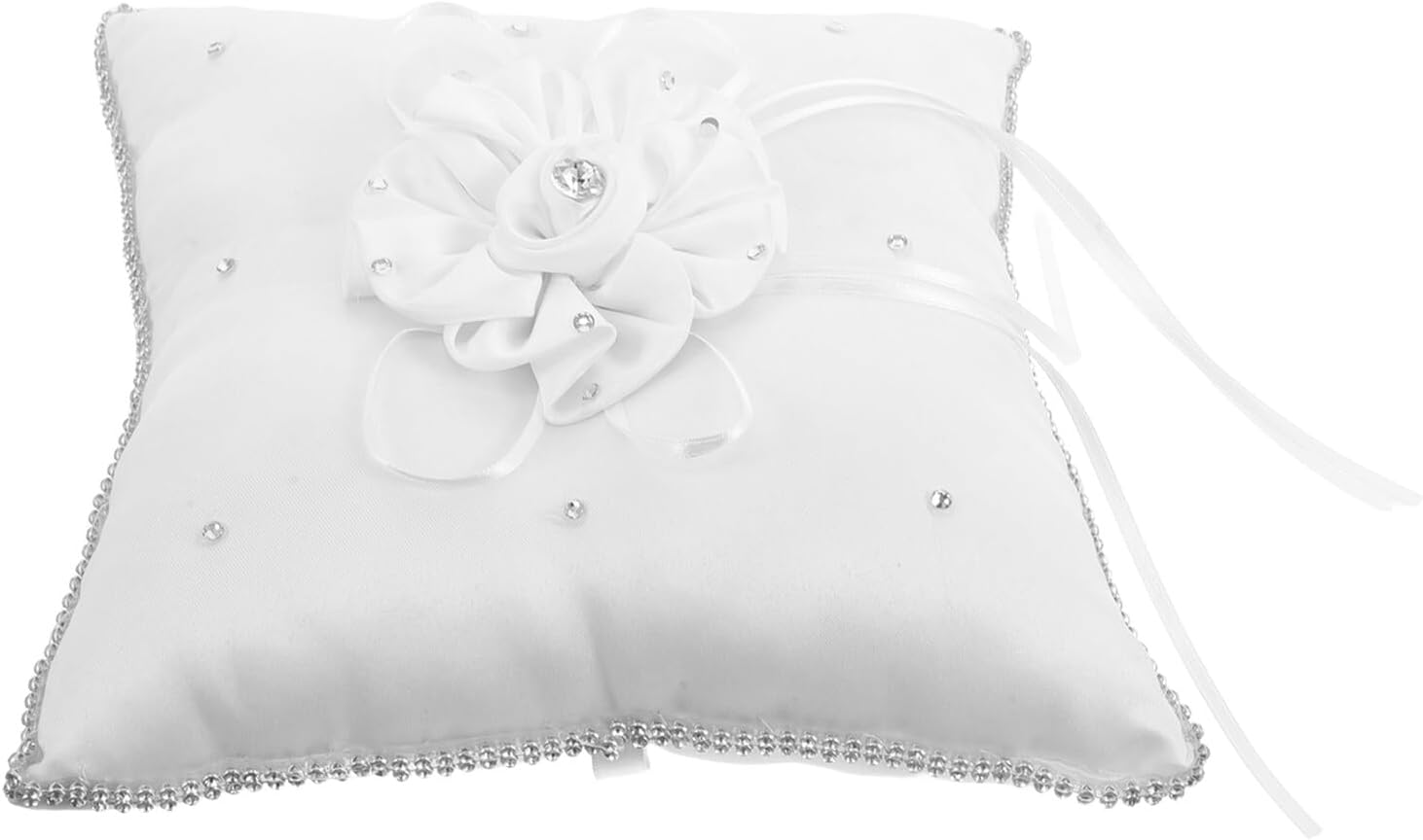 jojofuny Wedding Ring Bearer Pillow Cushion with Rhinestone-Embellished Bow and Floral Design, Square White Decorative Wedding Pillow for Bridal Ceremony